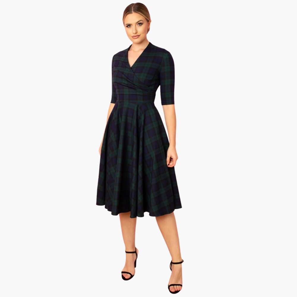 The Pretty Dress Company Leyla Tartan Midi Dress in Forest and Navy US 14; UK 18